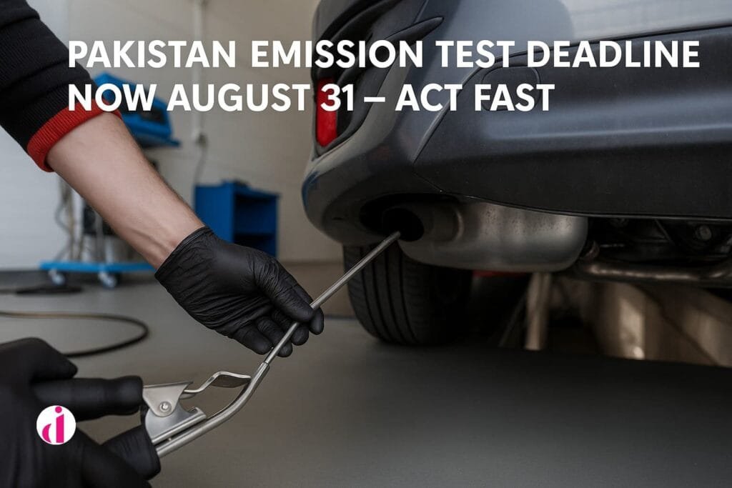 Mechanic performs vehicle emission test with new August 31 deadline reminder.