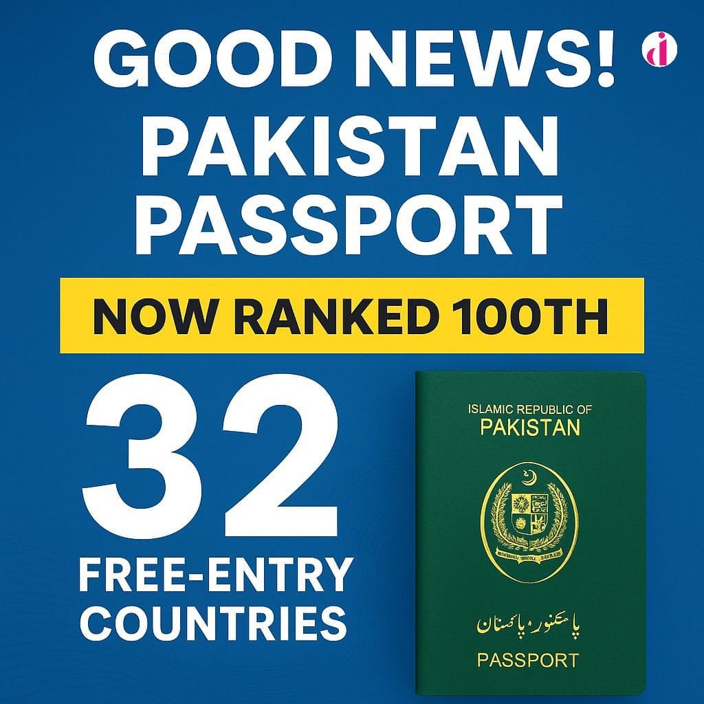 "Pakistan passport ranked 100th globally with access to 32 visa-free countries – official travel update infographic"