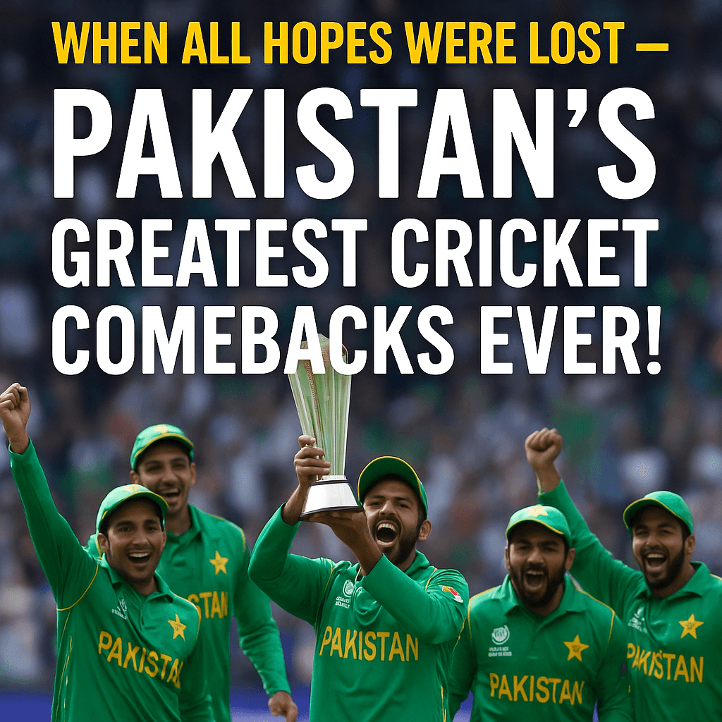Pakistani cricket players celebrating with a trophy after an iconic comeback victory