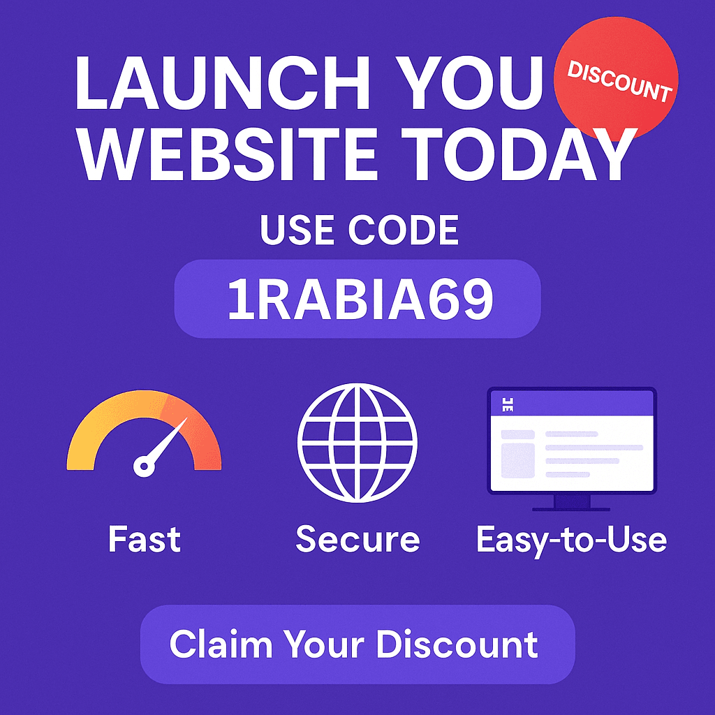 "Hostinger Pakistan promo graphic featuring coupon code 1RABIA69 with call to action to launch a website and claim a discount"