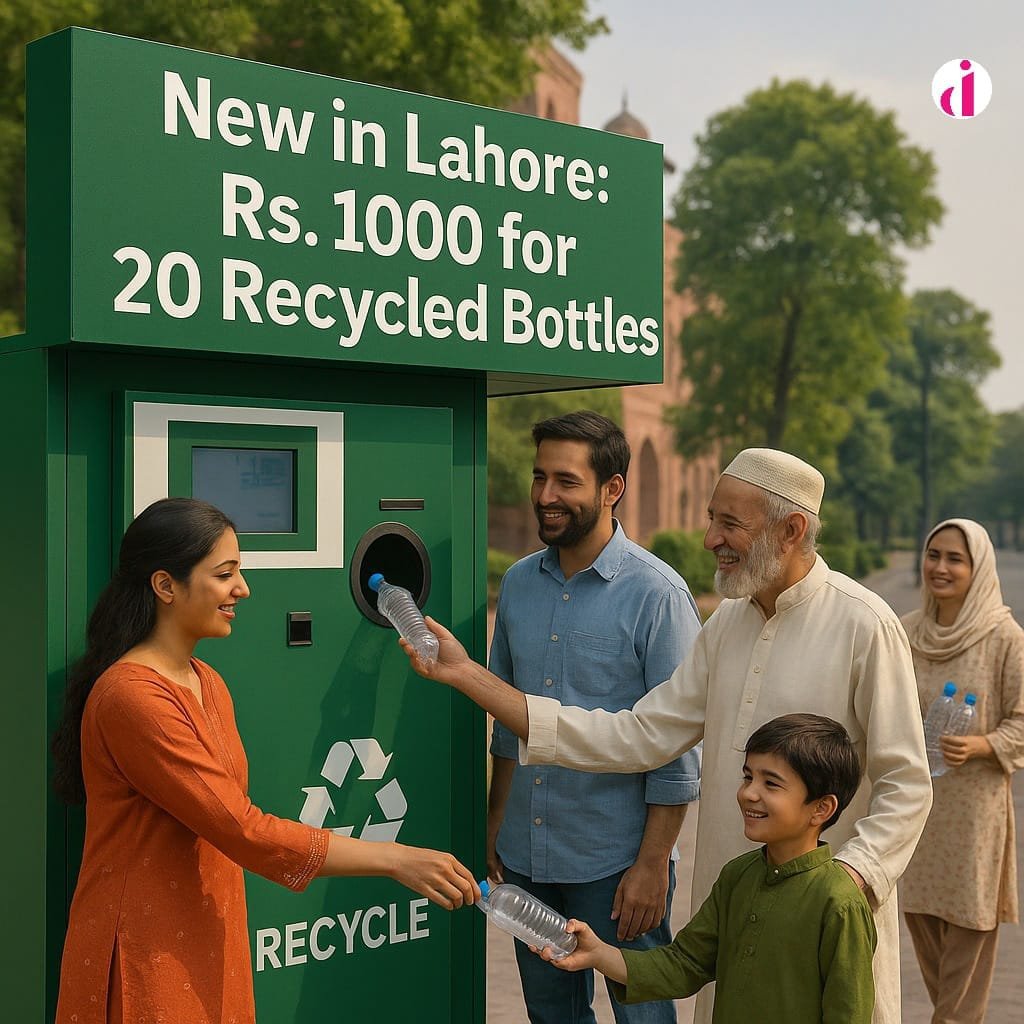 A family in Lahore recycles plastic bottles at a green booth offering Rs. 1,000 for 20 recycled bottles, promoting a city-wide eco-friendly initiative.