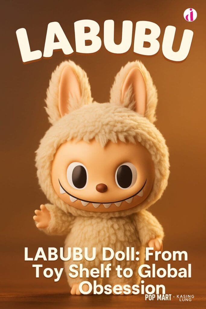 Cute Labubu doll in fluffy costume with big ears and toothy smile, standing on wooden floor against warm brown background, with bold title "Labubu Doll: From Toy Shelf to Global Obsession"
