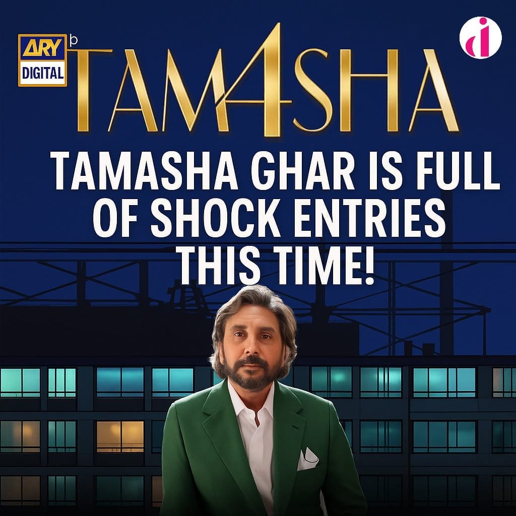 Adnan Siddiqui stands in front of the Tamasha Season 4 promo with bold gold text and a dramatic night backdrop.