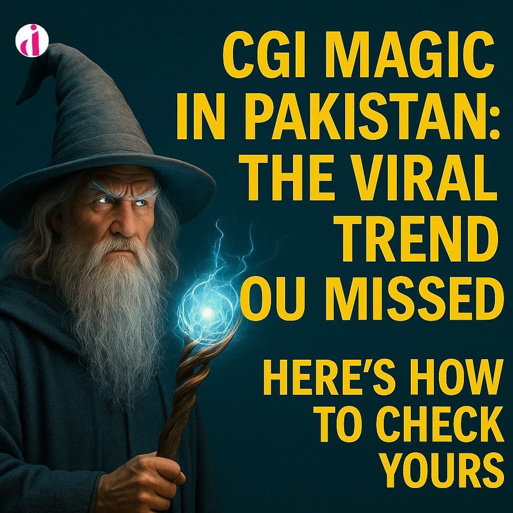 A digital wizard casting a glowing CGI spell beside bold text highlighting the viral CGI trend in Pakistan