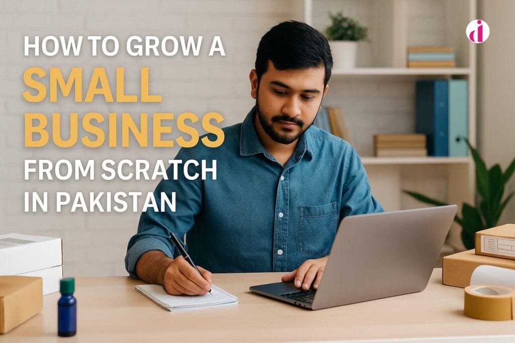 Pakistani man planning small business strategy using laptop and notes