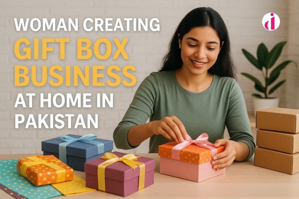 Pakistani woman arranging custom gift boxes at home for her new business