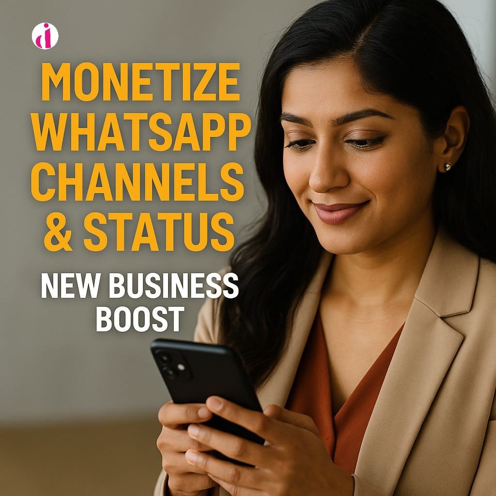 South Asian businesswoman using WhatsApp on smartphone to manage ads and monetized content