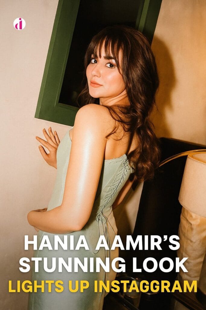 Hania Aamir posing in a glamorous pastel outfit at Sardaar Ji 3 celebration