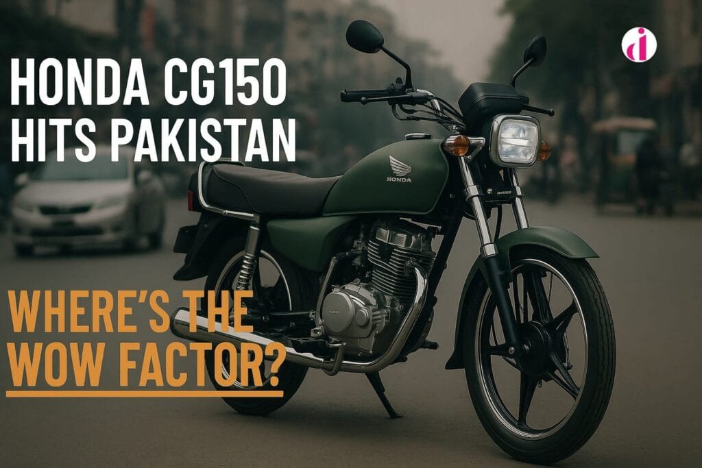 Honda CG150 motorcycle in matte green on a Pakistani city road with bold headline text overlay
